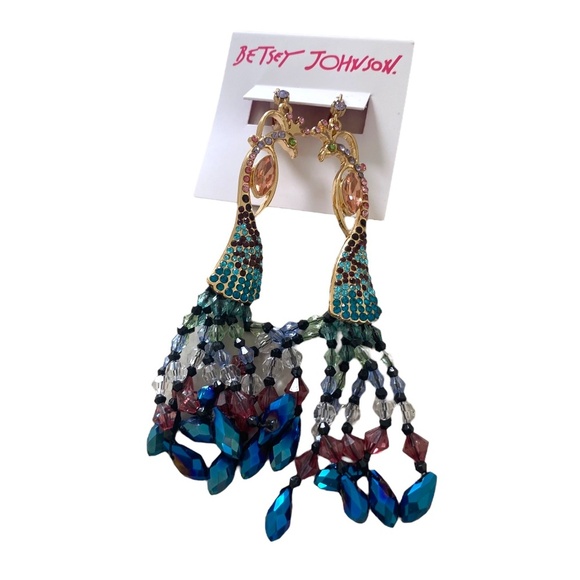 NWT Betsey Johnson Shake It Off GoldTone Multi Color Peacock Chandelier Earrings